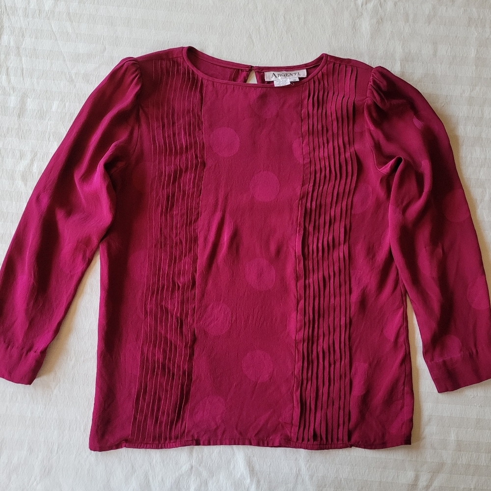 Argentini  Fuchsia Pleated Blouse Silk Size 12 Long Sleeves